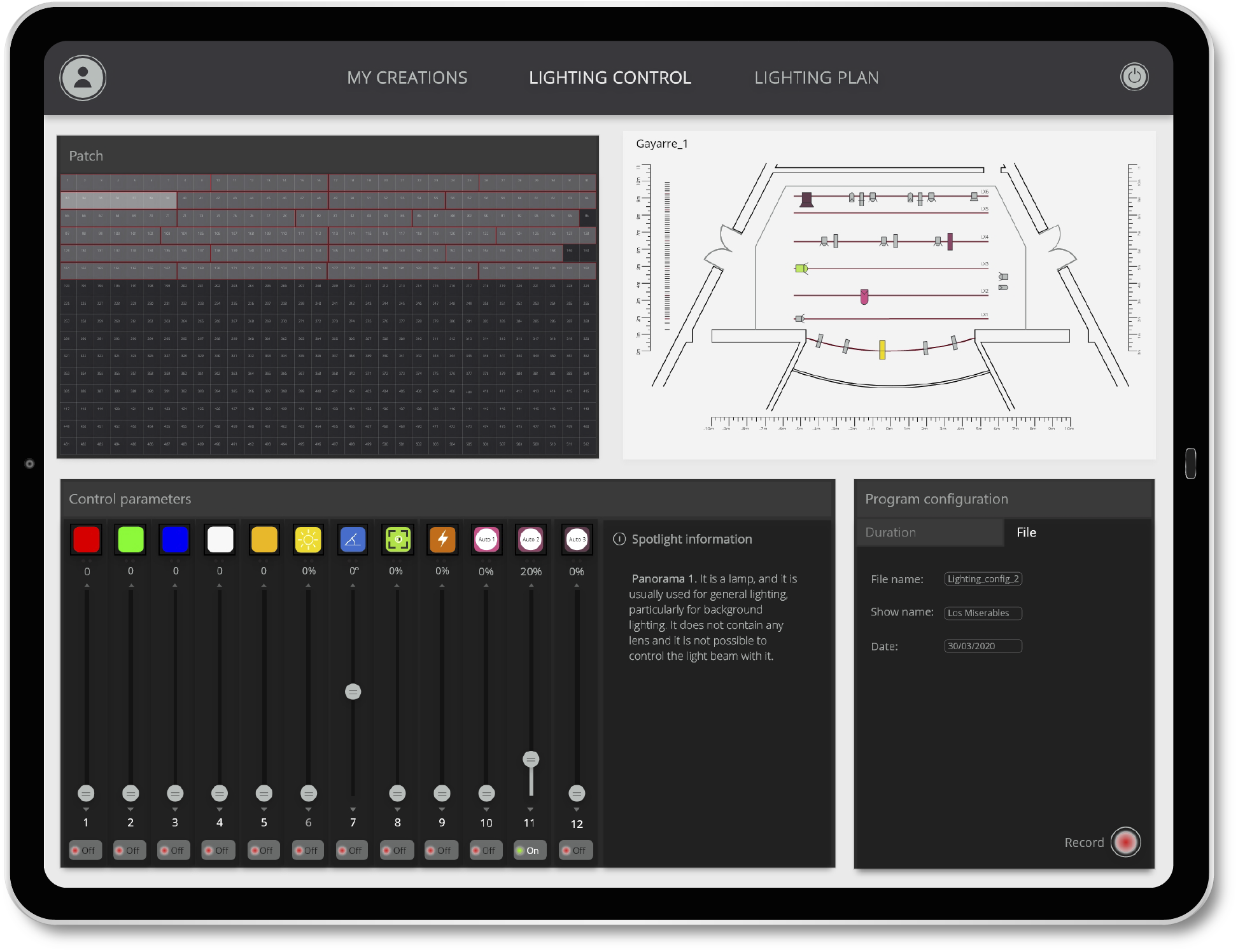 Controles de luces del escenario